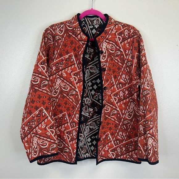 Womens M/L Reversible Red Black Paisley Bandanna Jacket Boho Western Button Up - Picture 2 of 16